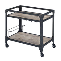 2 Tier Metal Serving Cart with Wooden Shelves and Bottle Holders, Black - BM194349