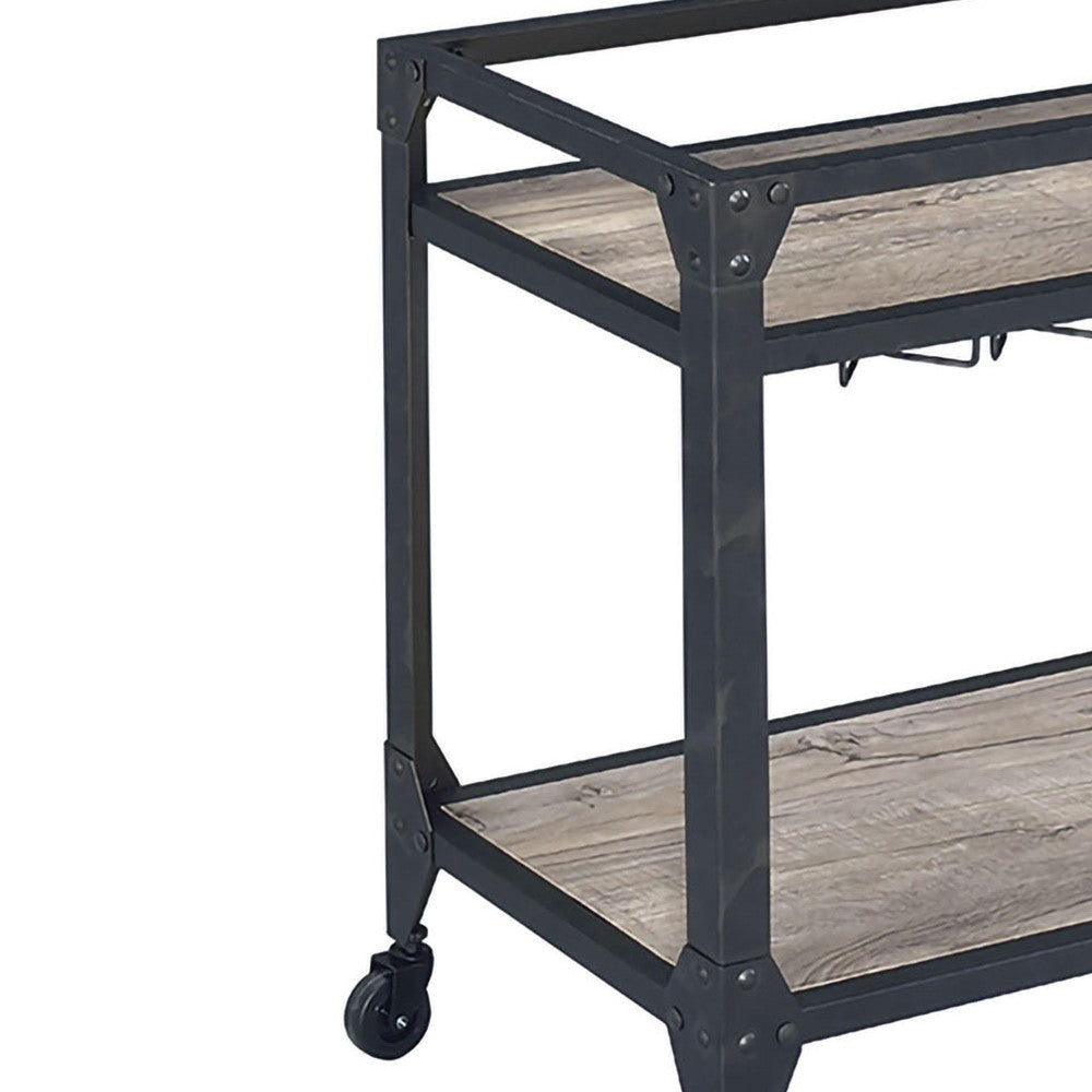2 Tier Metal Serving Cart with Wooden Shelves and Bottle Holders, Black - BM194349