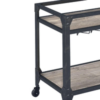 2 Tier Metal Serving Cart with Wooden Shelves and Bottle Holders, Black - BM194349