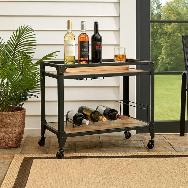 2 Tier Metal Serving Cart with Wooden Shelves and Bottle Holders, Black - BM194349