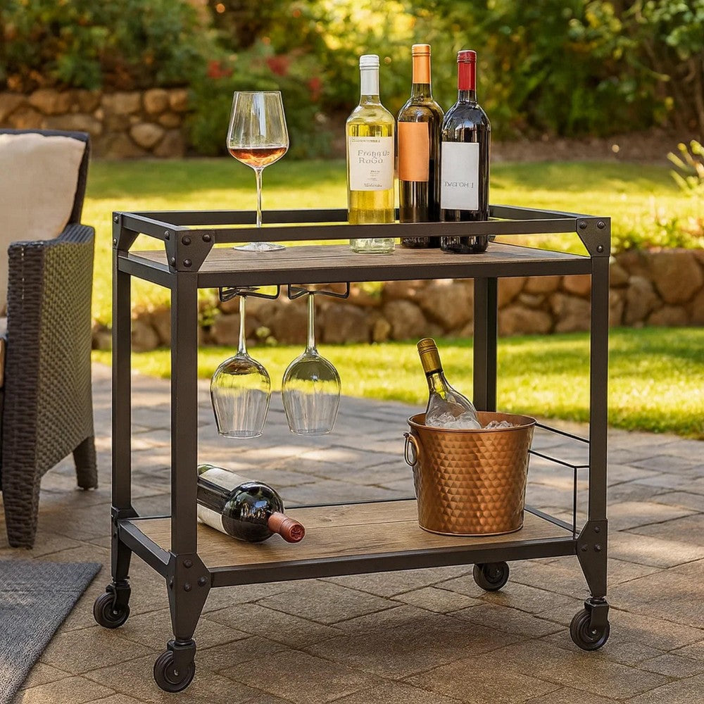 2 Tier Metal Serving Cart with Wooden Shelves and Bottle Holders, Black - BM194349
