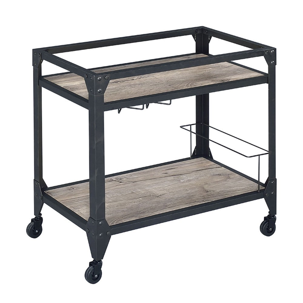 2 Tier Metal Serving Cart with Wooden Shelves and Bottle Holders, Black - BM194349