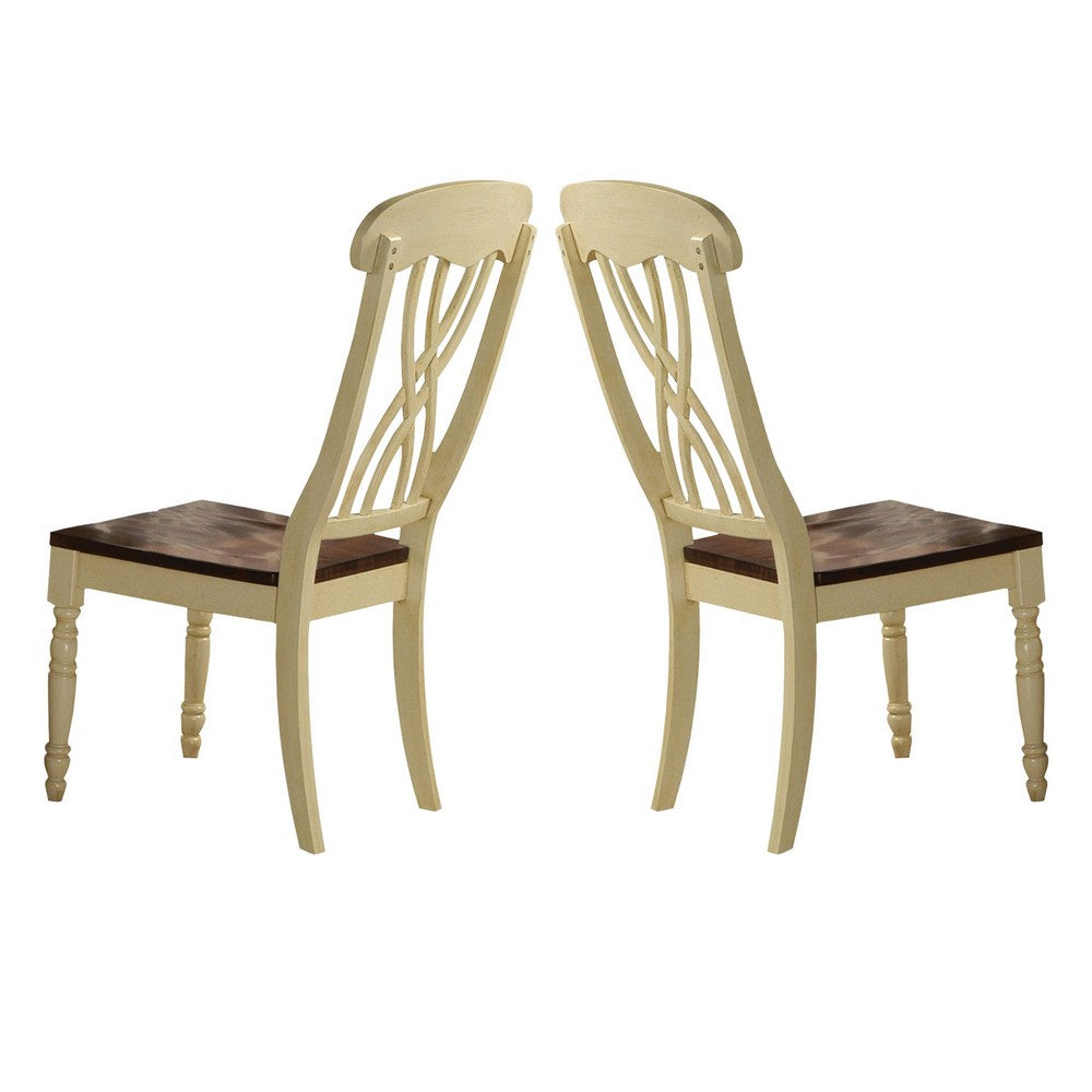 Wooden Side Chair with Overlapped Design Back and Scoop Seat, White and Brown, Set of Two - AMF-70333