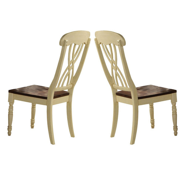 Wooden Side Chair with Overlapped Design Back and Scoop Seat, White and Brown, Set of Two - AMF-70333