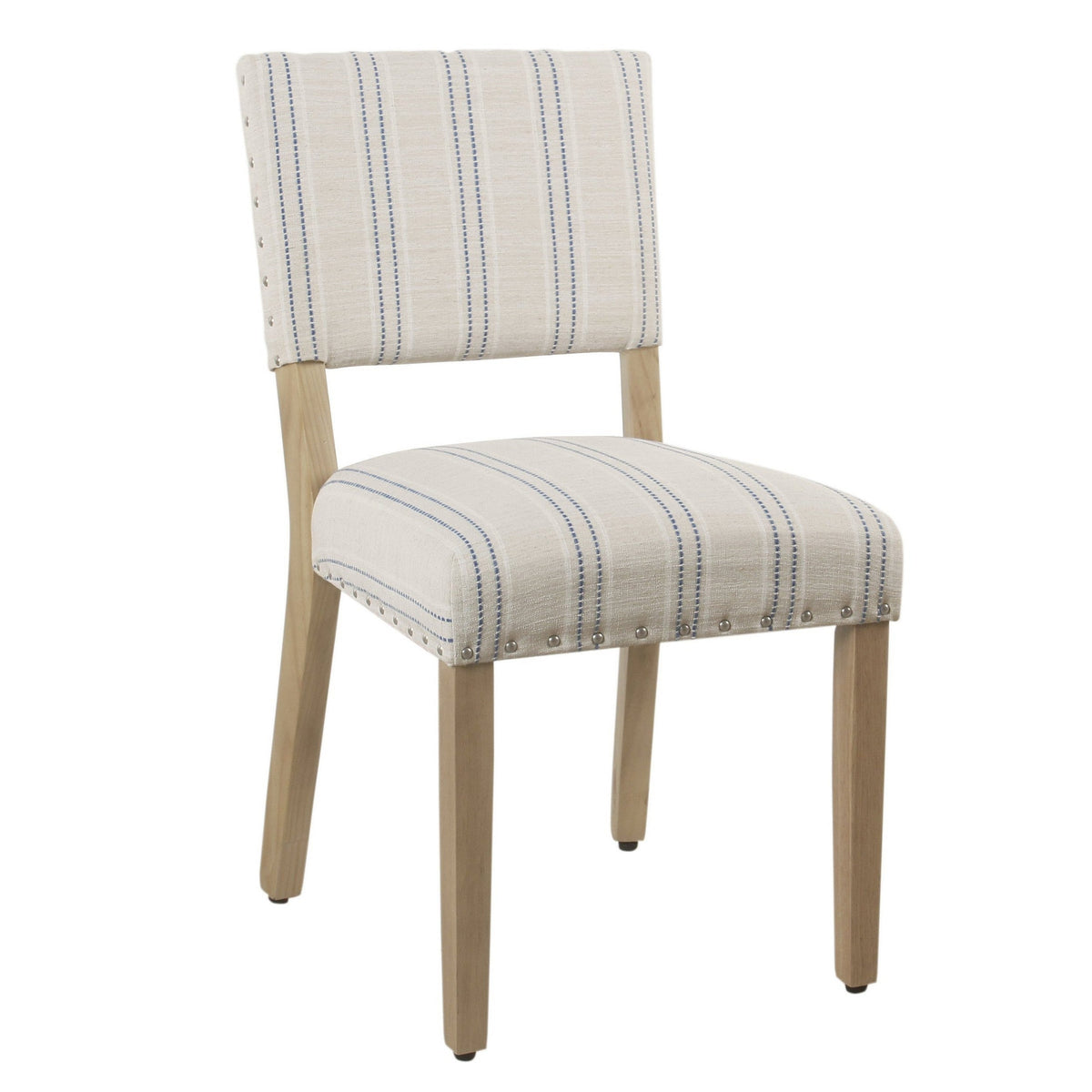Wooden Dining Chair with Striped Pattern Fabric Cushioned Seat, Blue and White, Set of Two - BM194895