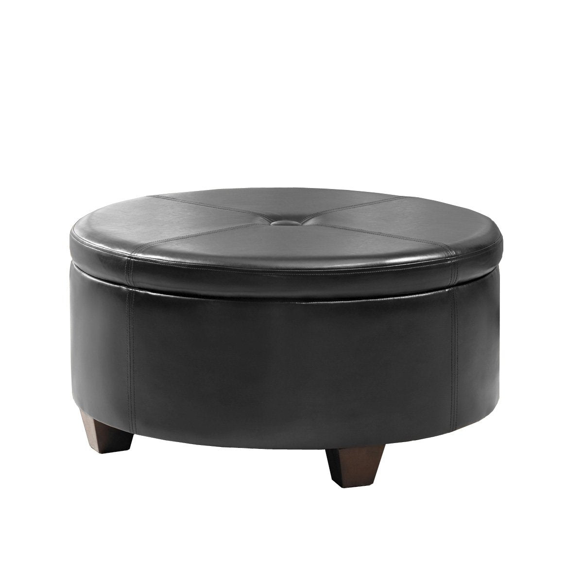 Leatherette Single Button Tufted Round Ottoman with Wooden Feet, Large, Black and Brown - BM194922