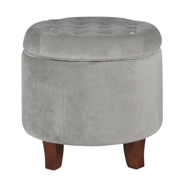 Button Tufted Velvet Upholstered Wooden Ottoman with Hidden Storage, Light Gray and Brown - BM194927