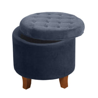 Button Tufted Velvet Upholstered Wooden Ottoman with Hidden Storage, Dark Blue and Brown - BM194928