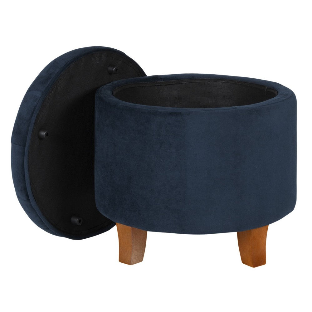 Button Tufted Velvet Upholstered Wooden Ottoman with Hidden Storage, Dark Blue and Brown - BM194928