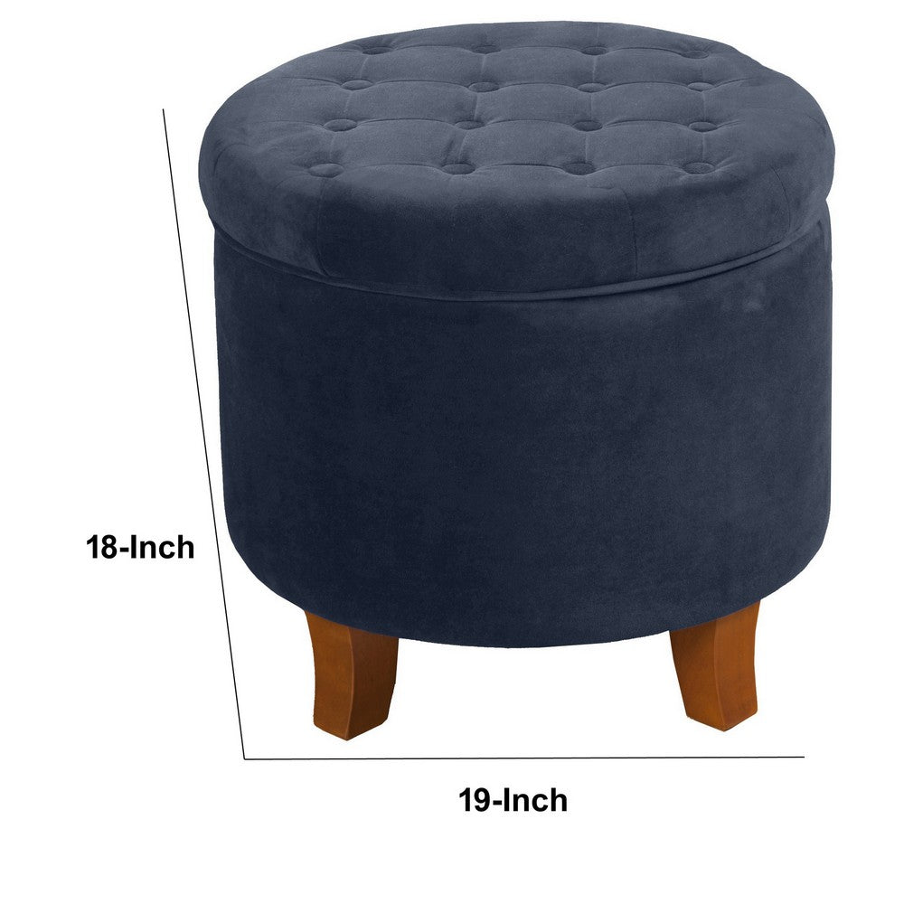 Button Tufted Velvet Upholstered Wooden Ottoman with Hidden Storage, Dark Blue and Brown - BM194928