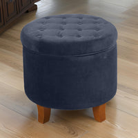 Button Tufted Velvet Upholstered Wooden Ottoman with Hidden Storage, Dark Blue and Brown - BM194928