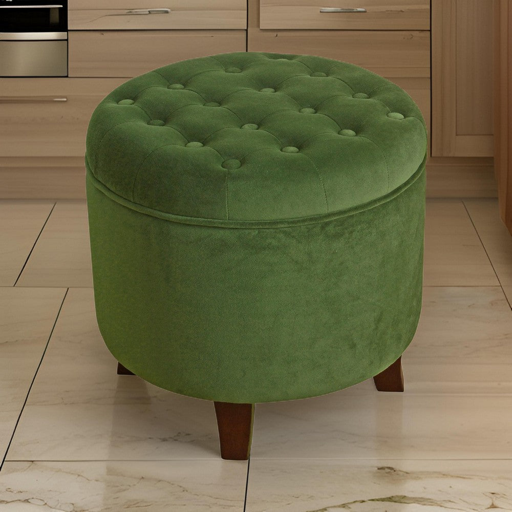 Button Tufted Velvet Upholstered Wooden Ottoman with Hidden Storage, Green and Brown - BM194929