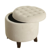 Button Tufted Velvet Upholstered Wooden Ottoman with Hidden Storage, Cream and Brown - BM194931