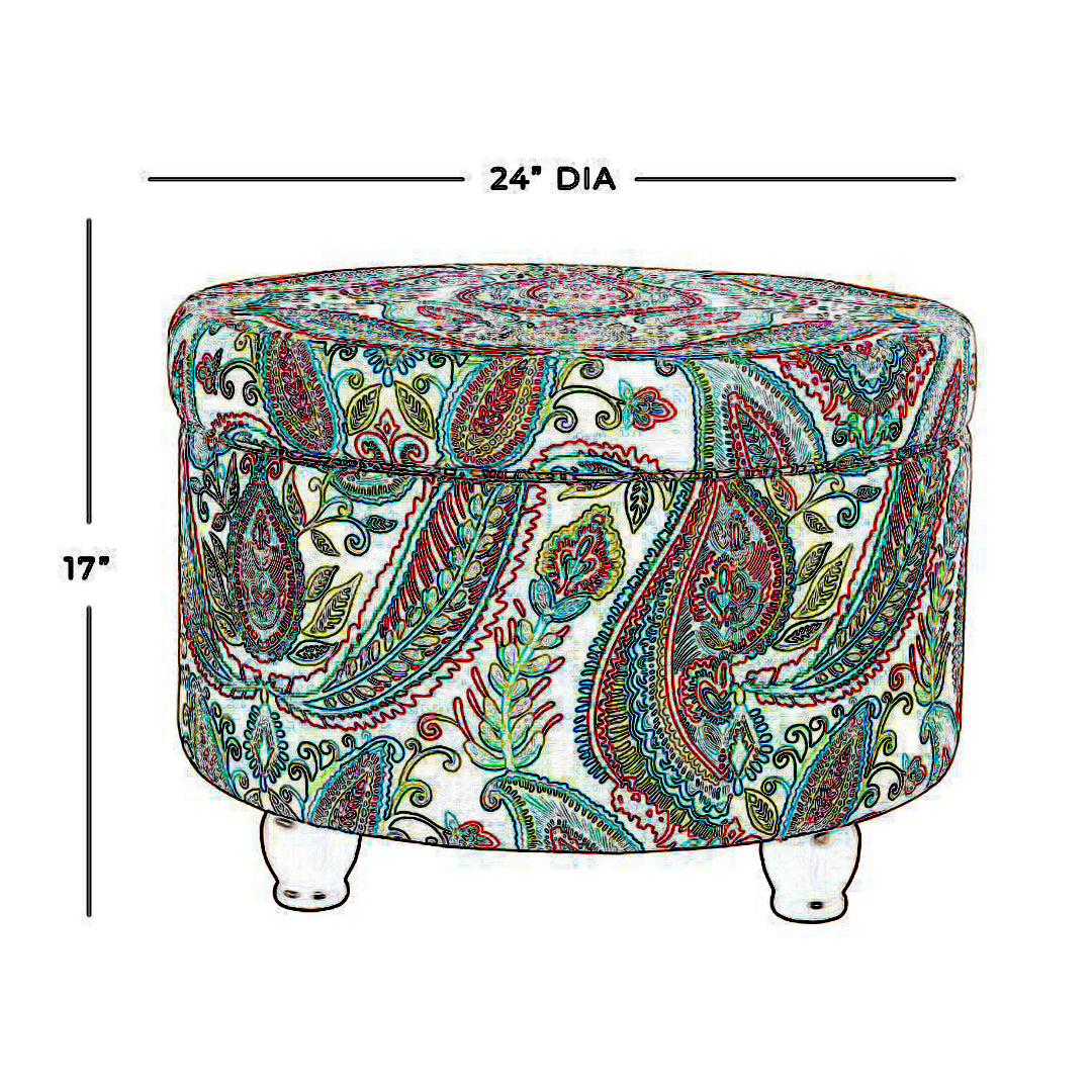 Paisley Pattern Fabric Upholstered Wooden Ottoman with Hidden Storage, Multicolor - BM194941