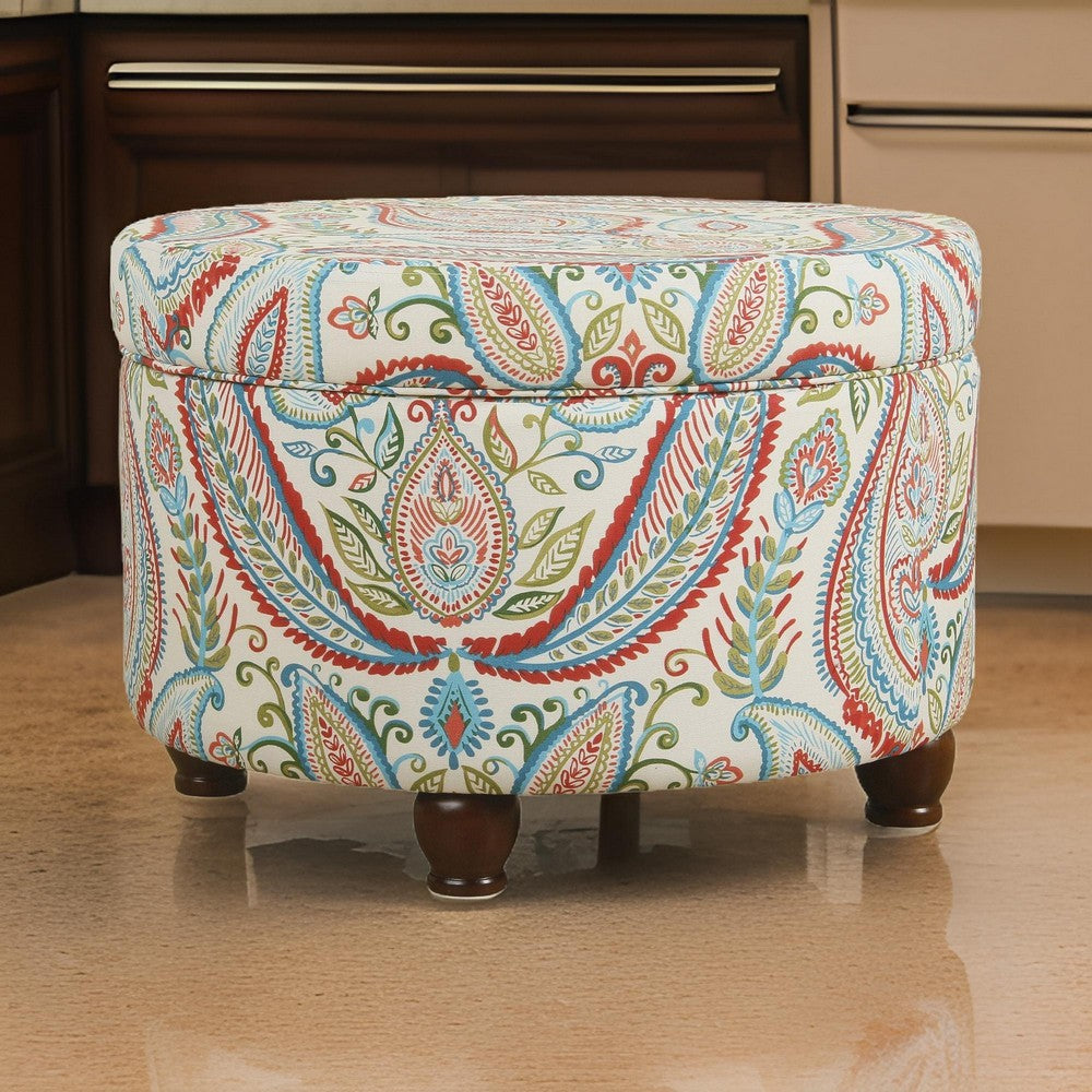 Paisley Pattern Fabric Upholstered Wooden Ottoman with Hidden Storage, Multicolor - BM194941