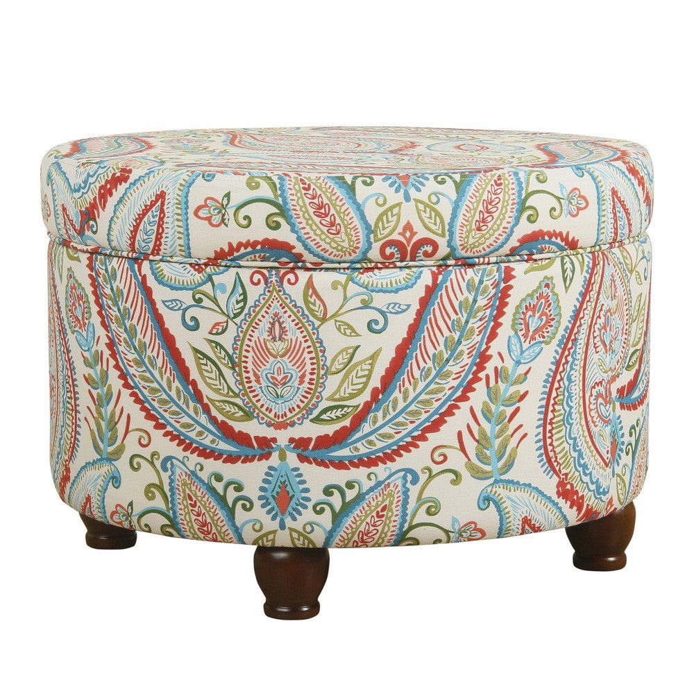 Paisley Pattern Fabric Upholstered Wooden Ottoman with Hidden Storage, Multicolor - BM194941