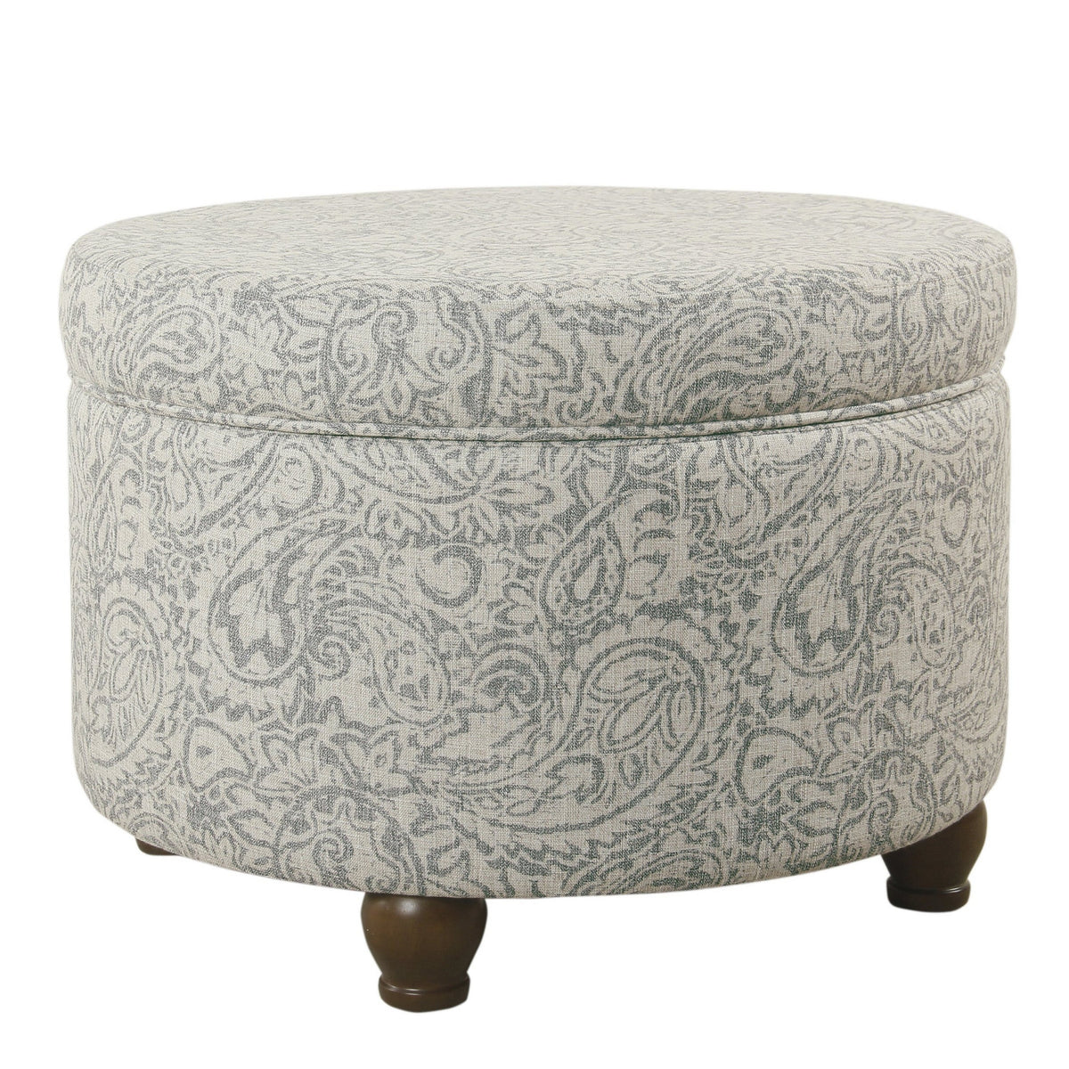 Paisley Floral Pattern Fabric Upholstered Wooden Ottoman with Hidden Storage, Gray and Cream - BM194944