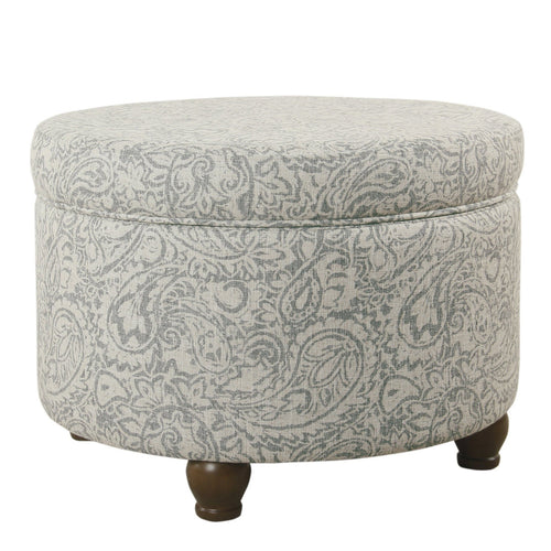 Paisley Floral Pattern Fabric Upholstered Wooden Ottoman with Hidden Storage, Gray and Cream - BM194944