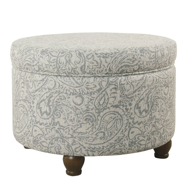 Paisley Floral Pattern Fabric Upholstered Wooden Ottoman with Hidden Storage, Gray and Cream - BM194944