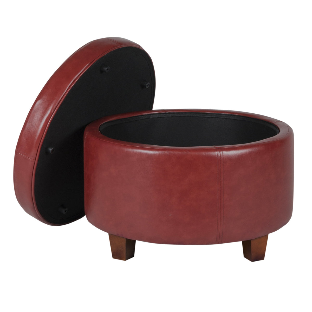 Leatherette Upholstered Wooden Ottoman with Single Button Tufted Lift Top Storage, Red, Large - BM194949