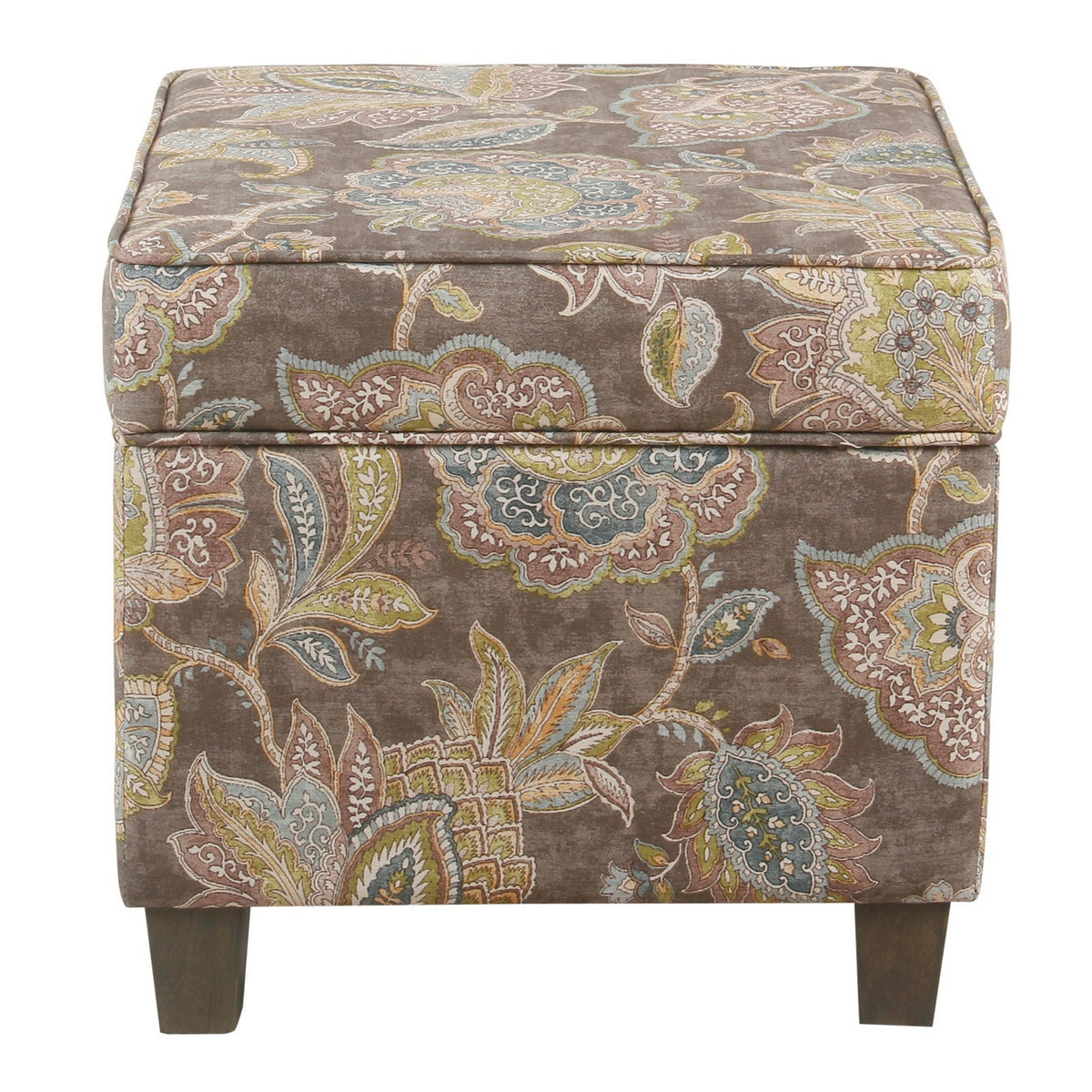 Floral Pattern Fabric Upholstered Wooden Ottoman with Lift Off Top and Tapered Feet, Multicolor - BM194952
