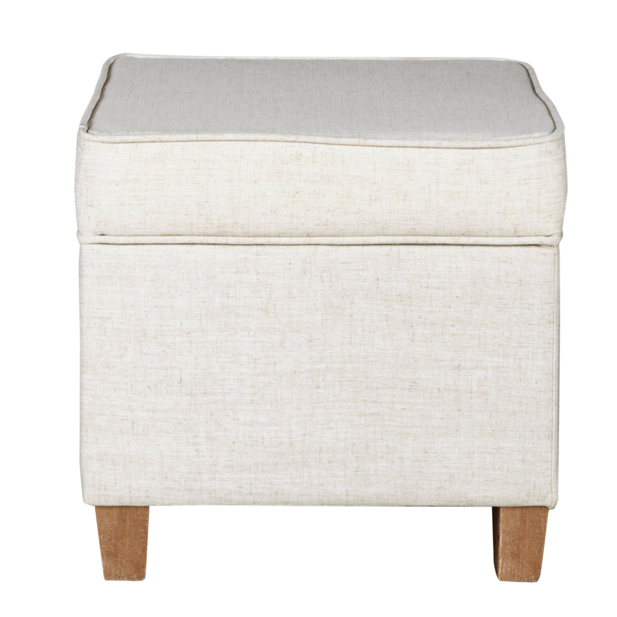 Square Shape Fabric Upholstered Ottoman with Lift Off Top and Wooden Tapered Feet, White and Brown - BM194954