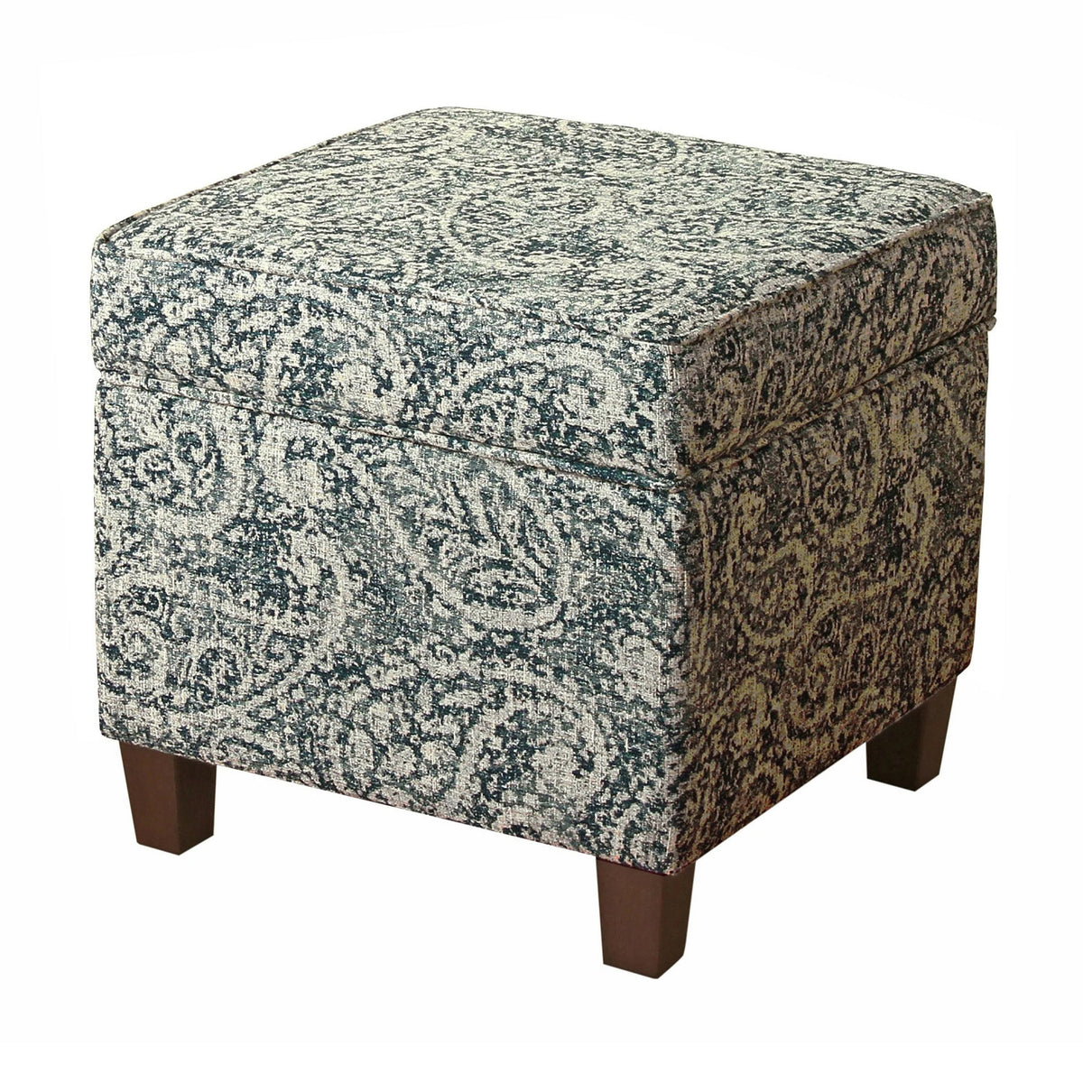Paisley Pattern Fabric Upholstered Wooden Ottoman with Lift Off Top, Blue and Gray - BM194956
