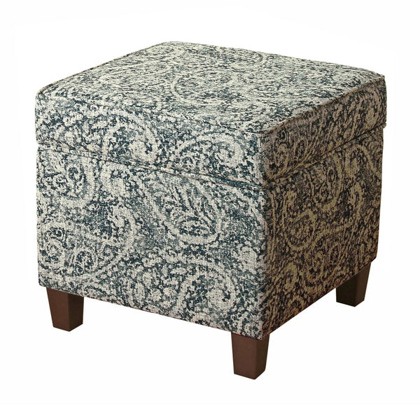 Paisley Pattern Fabric Upholstered Wooden Ottoman with Lift Off Top, Blue and Gray - BM194956