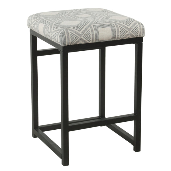 BM195160 - Metal Counter Stool with Geometric Pattern Fabric Upholstered Seat, Gray and Black