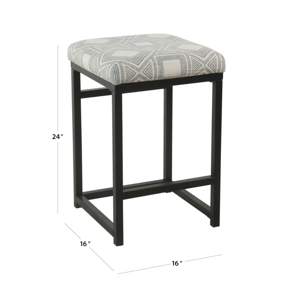 BM195160 - Metal Counter Stool with Geometric Pattern Fabric Upholstered Seat, Gray and Black