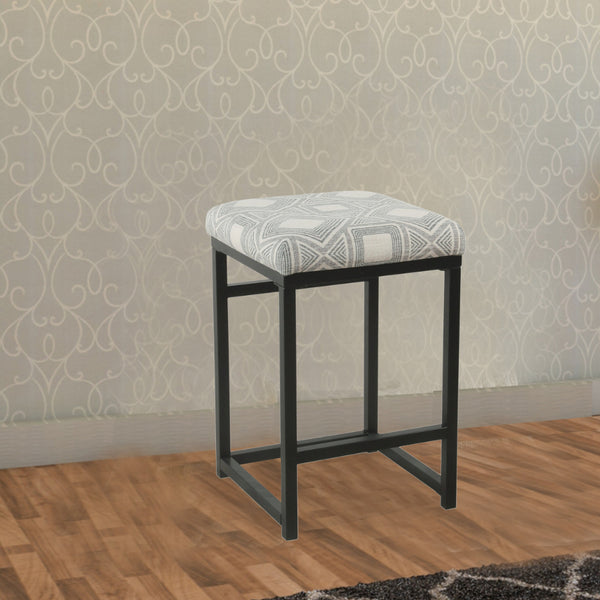 BM195160 - Metal Counter Stool with Geometric Pattern Fabric Upholstered Seat, Gray and Black