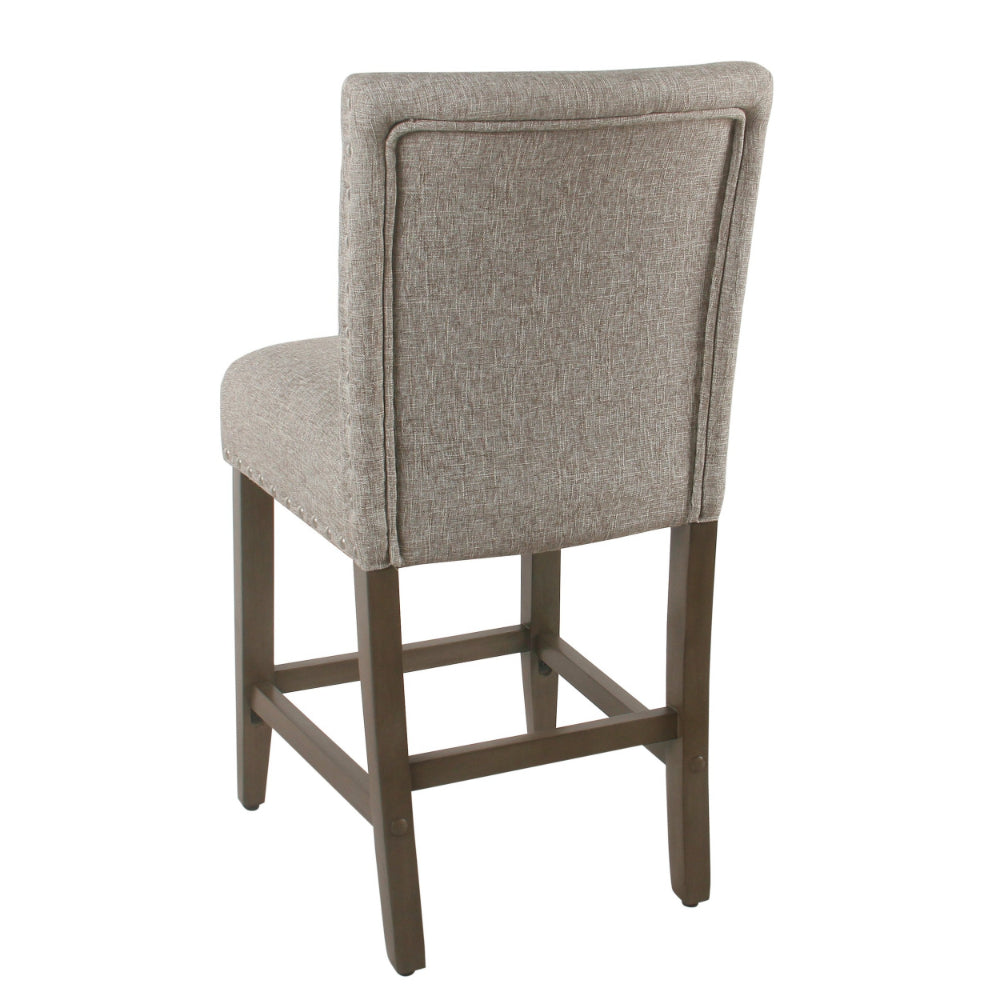 BM195192 - Fabric Upholstered Wooden Counter Stool with Striking Nail head Trims, Gray and Brown