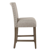 BM195192 - Fabric Upholstered Wooden Counter Stool with Striking Nail head Trims, Gray and Brown