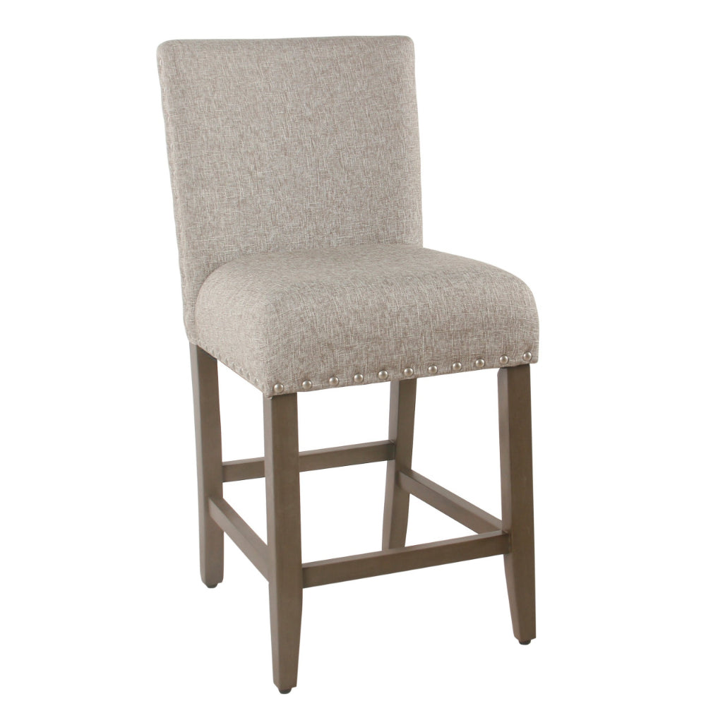 BM195192 - Fabric Upholstered Wooden Counter Stool with Striking Nail head Trims, Gray and Brown