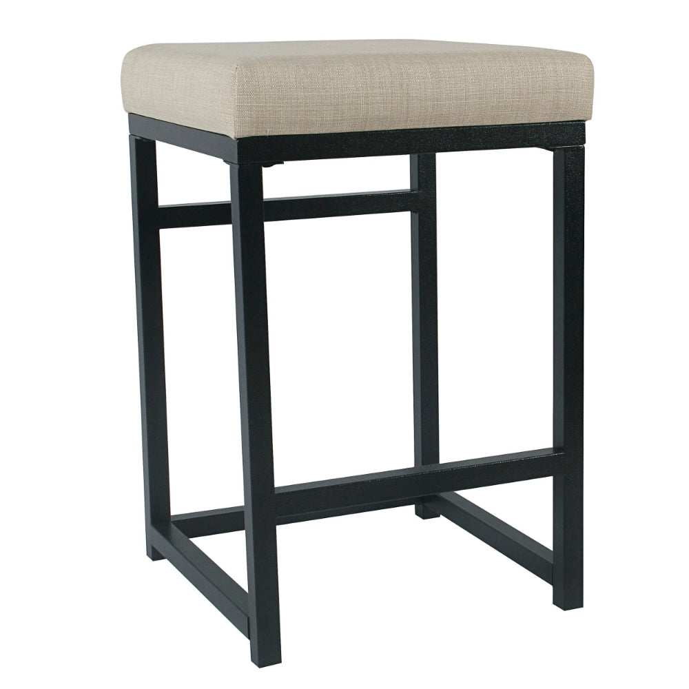 BM195206 - Open Back Metal Counter Stool with Fabric Upholstered Padded Seat, Beige and Black