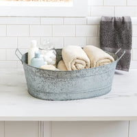 Embossed Design Oval Shape Galvanized Steel Tub with Side Handles, Large, Silver - BM195213