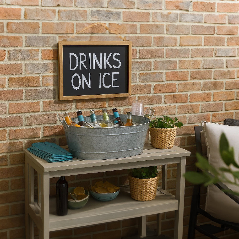 Embossed Design Oval Shape Galvanized Steel Tub with Side Handles, Large, Silver - BM195213