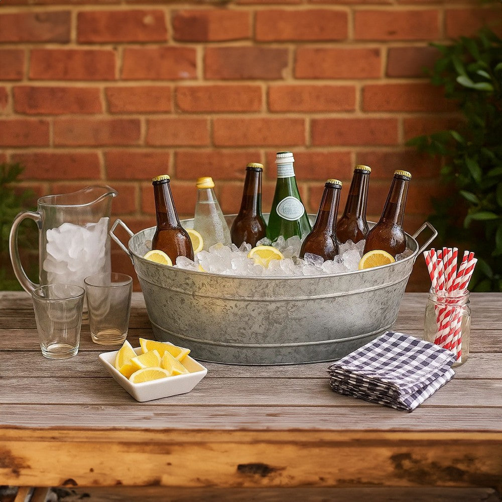 Embossed Design Oval Shape Galvanized Steel Tub with Side Handles, Large, Silver - BM195213