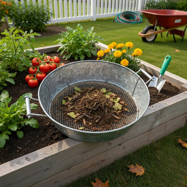 Round Galvanized Steel Compost Sifter with Wire Mesh Design Base, Antique Silver - BM195216