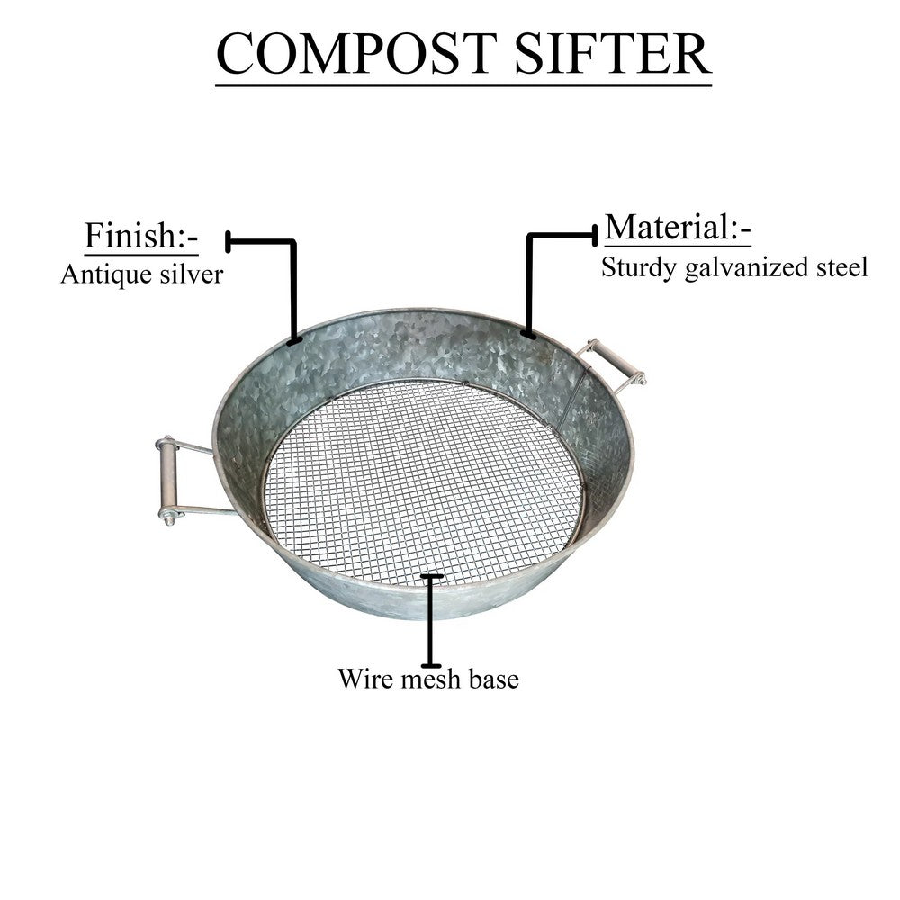 Round Galvanized Steel Compost Sifter with Wire Mesh Design Base, Antique Silver - BM195216