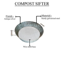 Round Galvanized Steel Compost Sifter with Wire Mesh Design Base, Antique Silver - BM195216