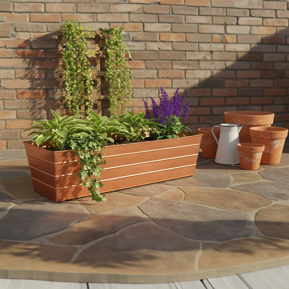 flower planters box Benjara Rectangular Metal Flower Planter Box with Embossed Line Design, Large, Copper