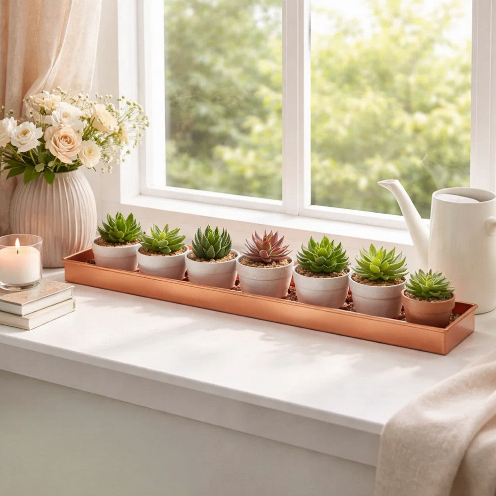29 Inch Rectangular Metal Windowsill Planter Tray, Trim Edges, Large, Copper - BM195220