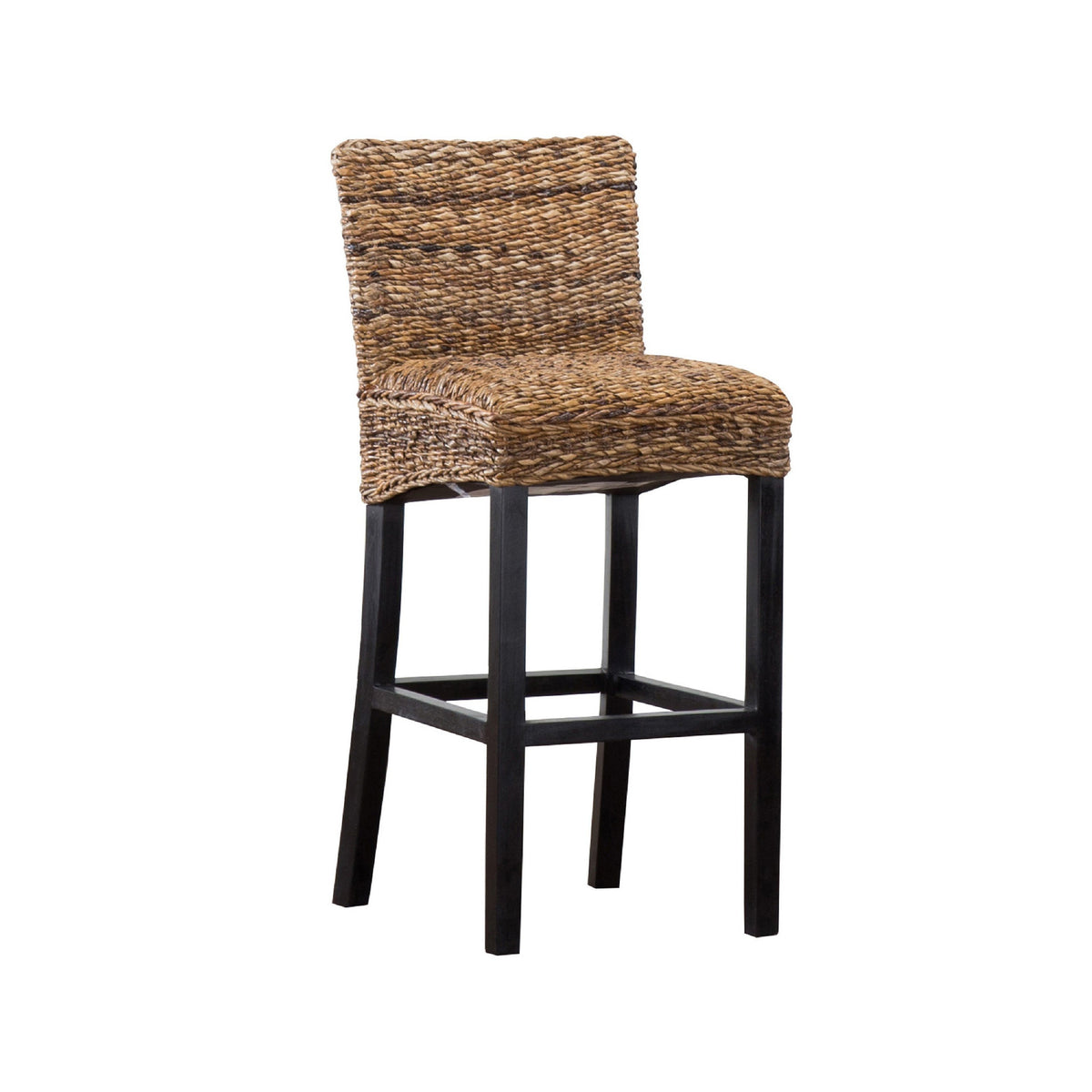 Woven Rattan Barstool with Wooden Legs, Low Profile Backrest, Brown and Black
