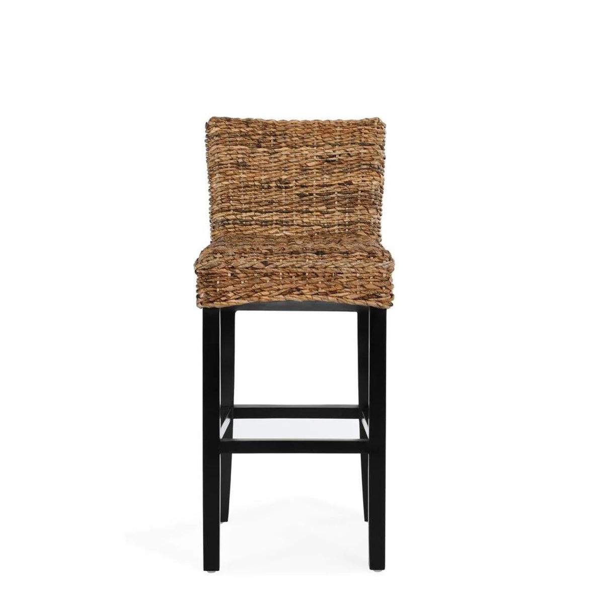Woven Rattan Barstool with Wooden Legs, Low Profile Backrest, Brown and Black