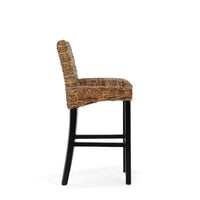 Woven Rattan Barstool with Wooden Legs, Low Profile Backrest, Brown and Black