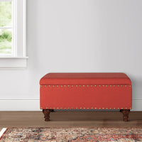 Fabric Upholstered Wooden Storage Bench With Nail head Trim, Large, Orange and Brown - BM195758