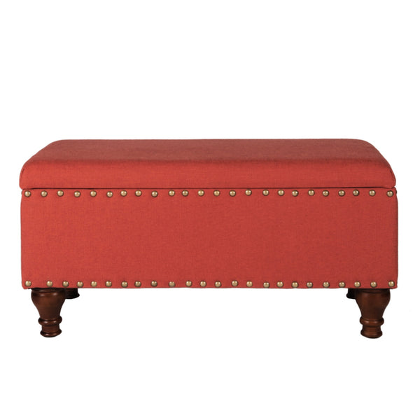 Fabric Upholstered Wooden Storage Bench With Nail head Trim, Large, Orange and Brown - BM195758