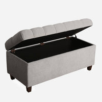 BM195762 - Fabric Upholstered Button Tufted Wooden Bench With Hinged Storage, Gray and Brown