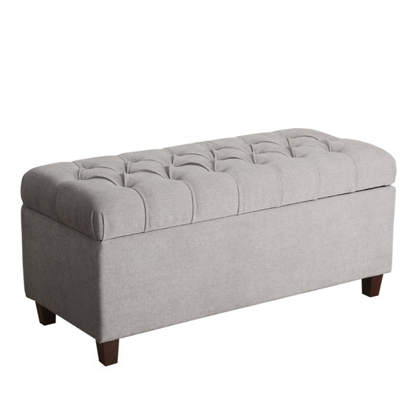 BM195762 - Fabric Upholstered Button Tufted Wooden Bench With Hinged Storage, Gray and Brown